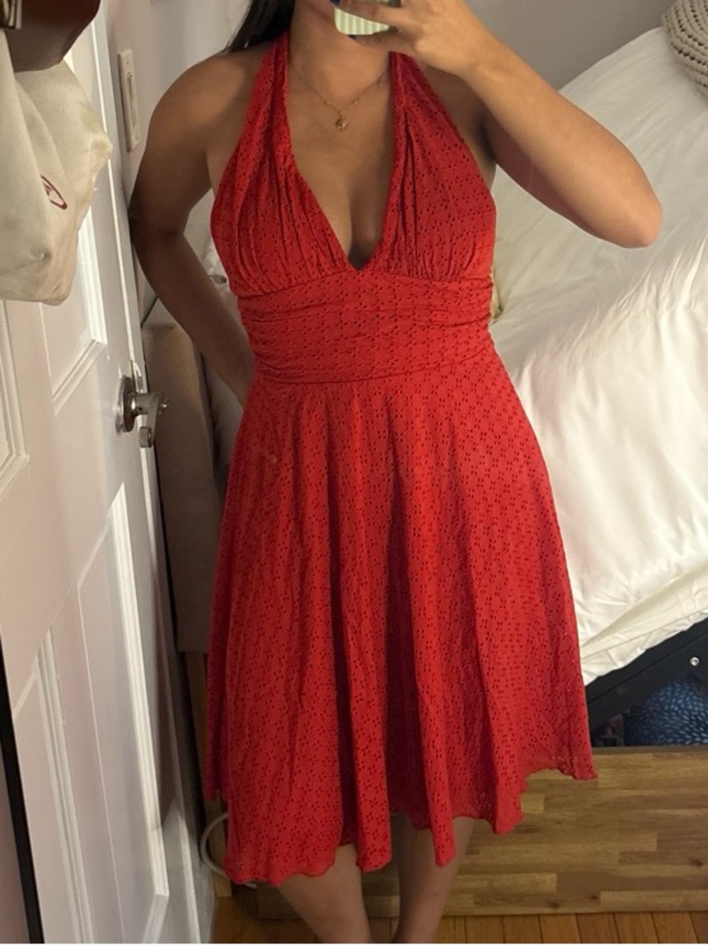 Red Halter Eyelet Dress - Women